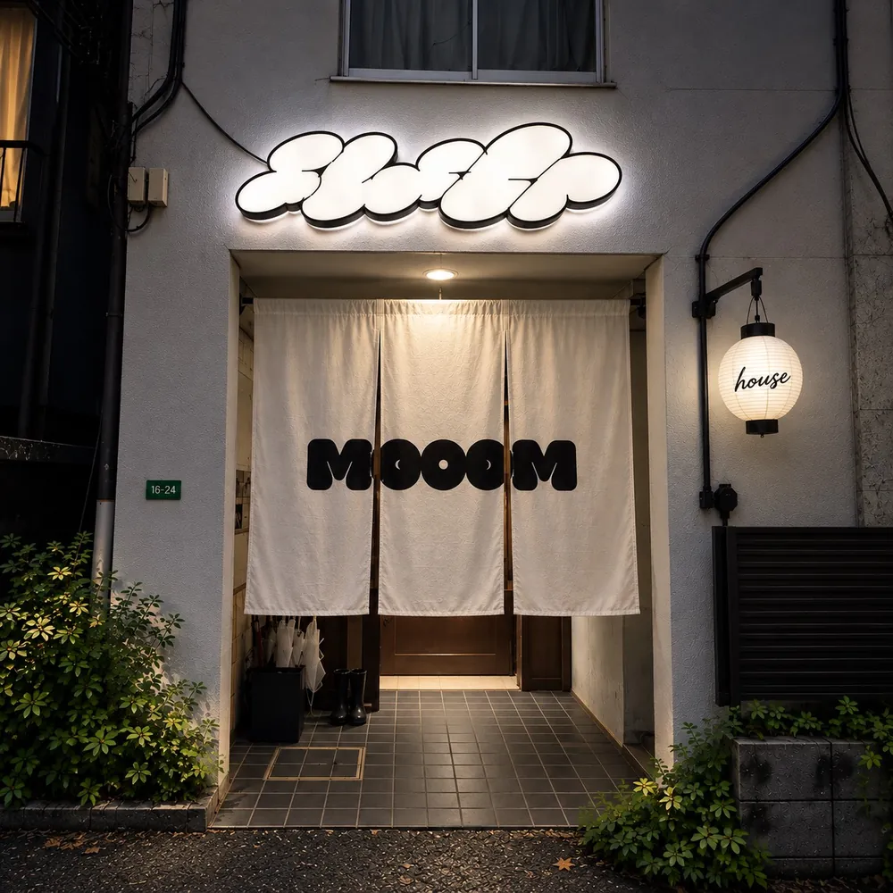 雲の看板とMOOOMの暖簾が目印のMOOOM HOUSEの外観