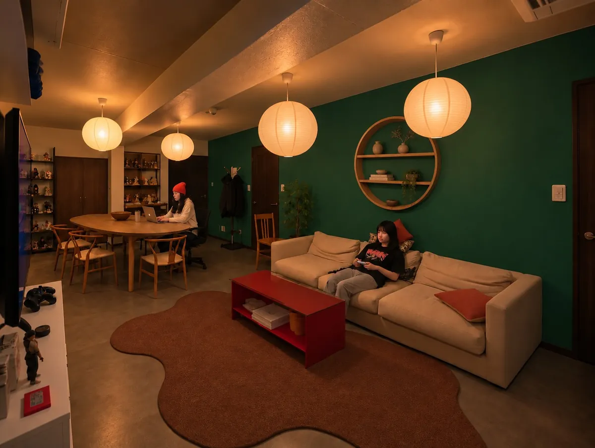 提灯の明かりと緑の壁に囲まれたMOOOM HOUSEのリビング